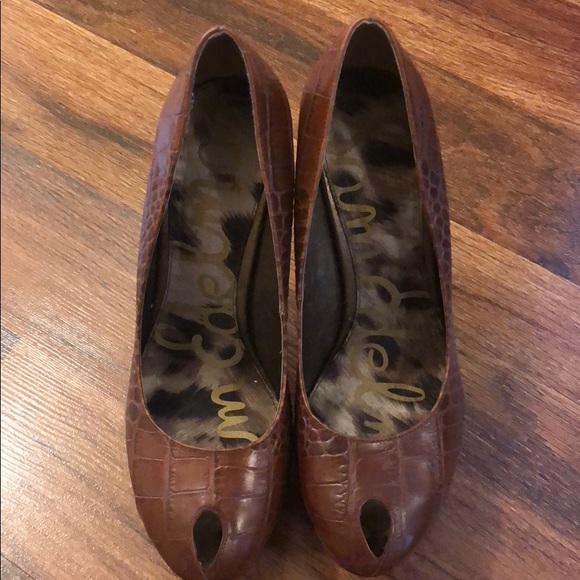 Sam Edelman Brown Leather Print Platform Heels - Picture 2 of 5